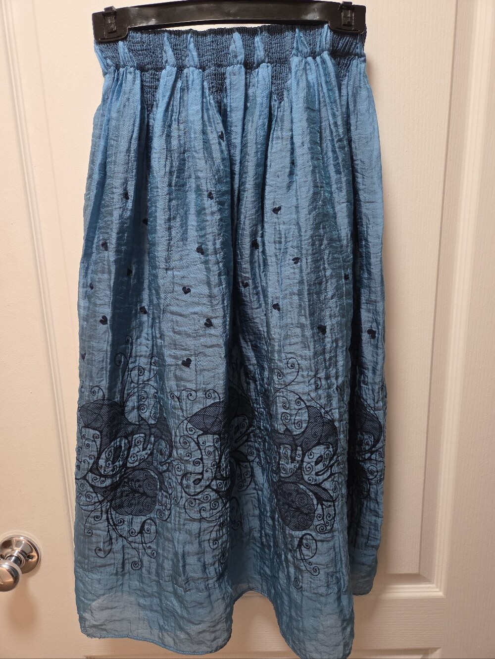Blue Embroidered Midi Skirt - Women's Smocked Waist